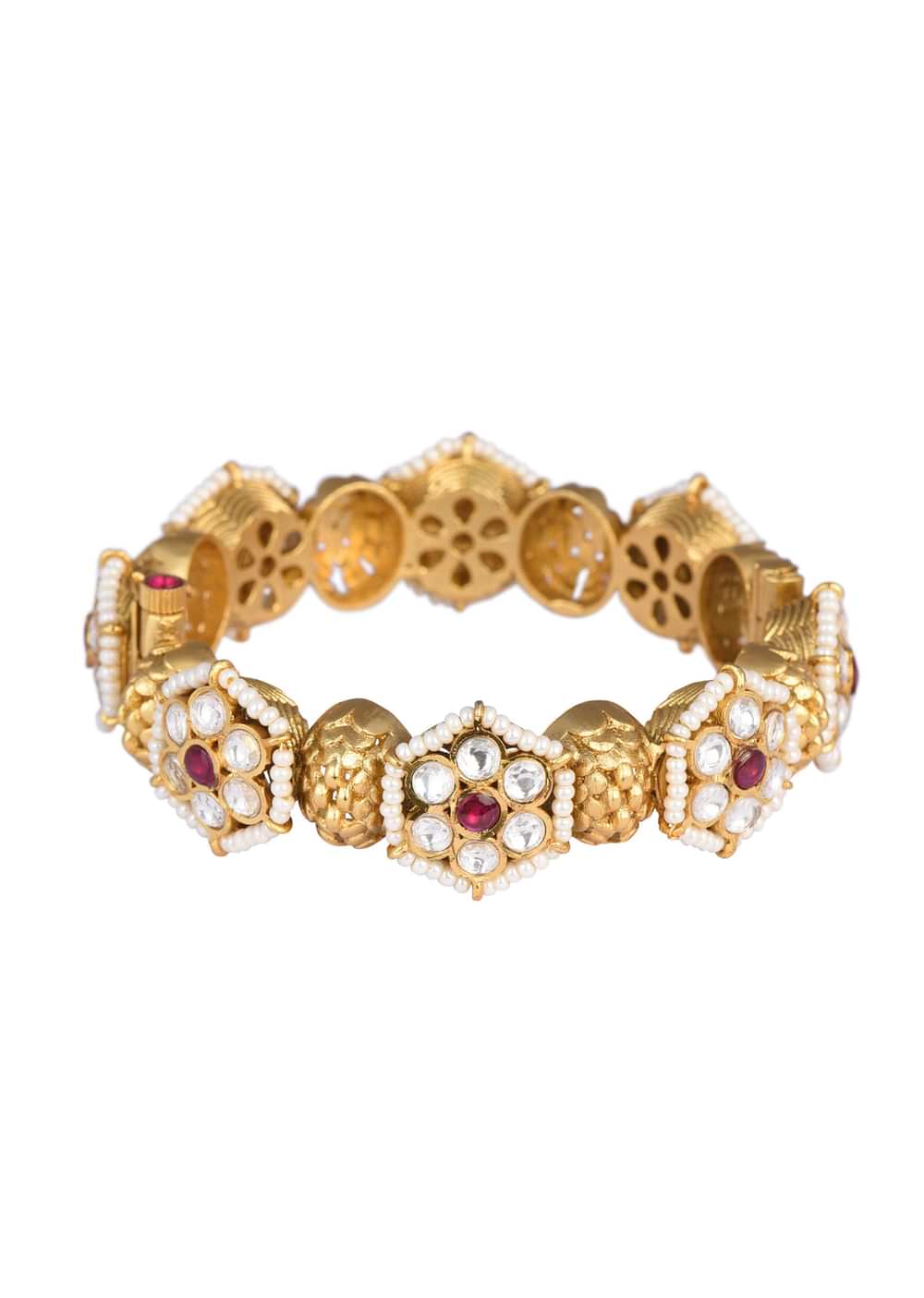 White Finish Temple Bangle With Floral Motifs And Meenakari Work