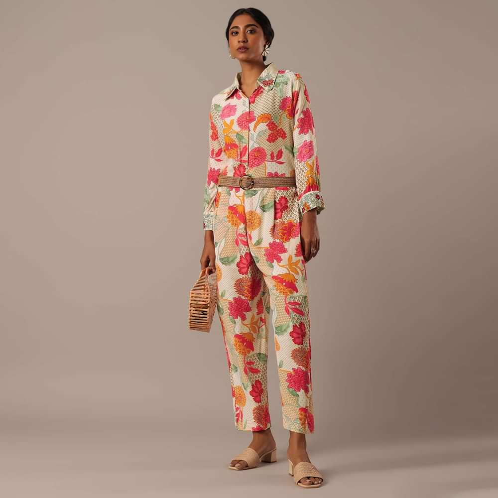 White Floral Print Co-ord Set In Crepe