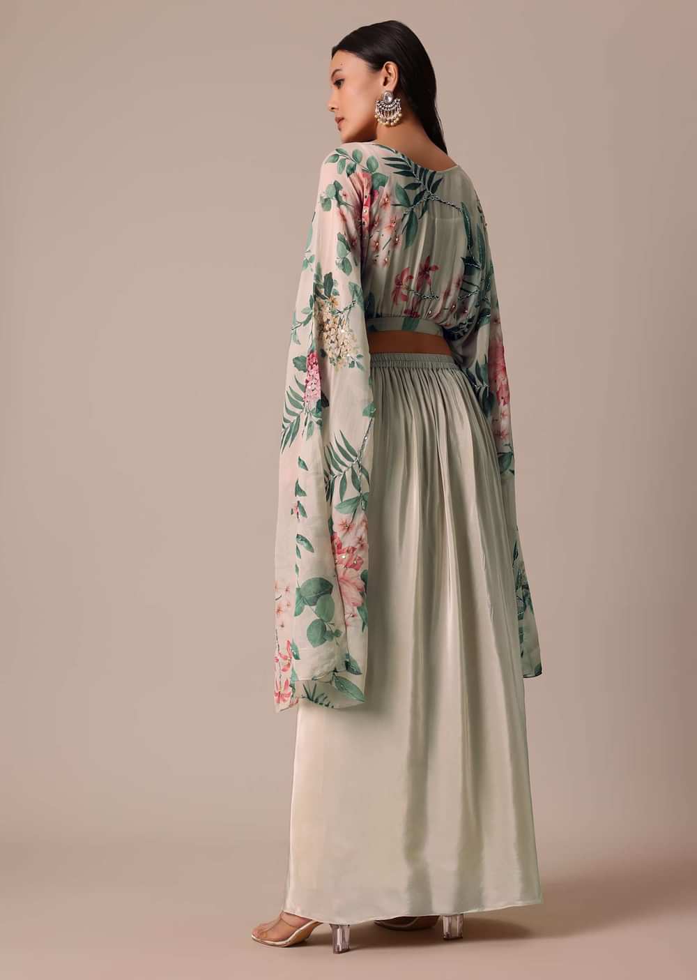 White Floral Print Lehenga Set With Jacket