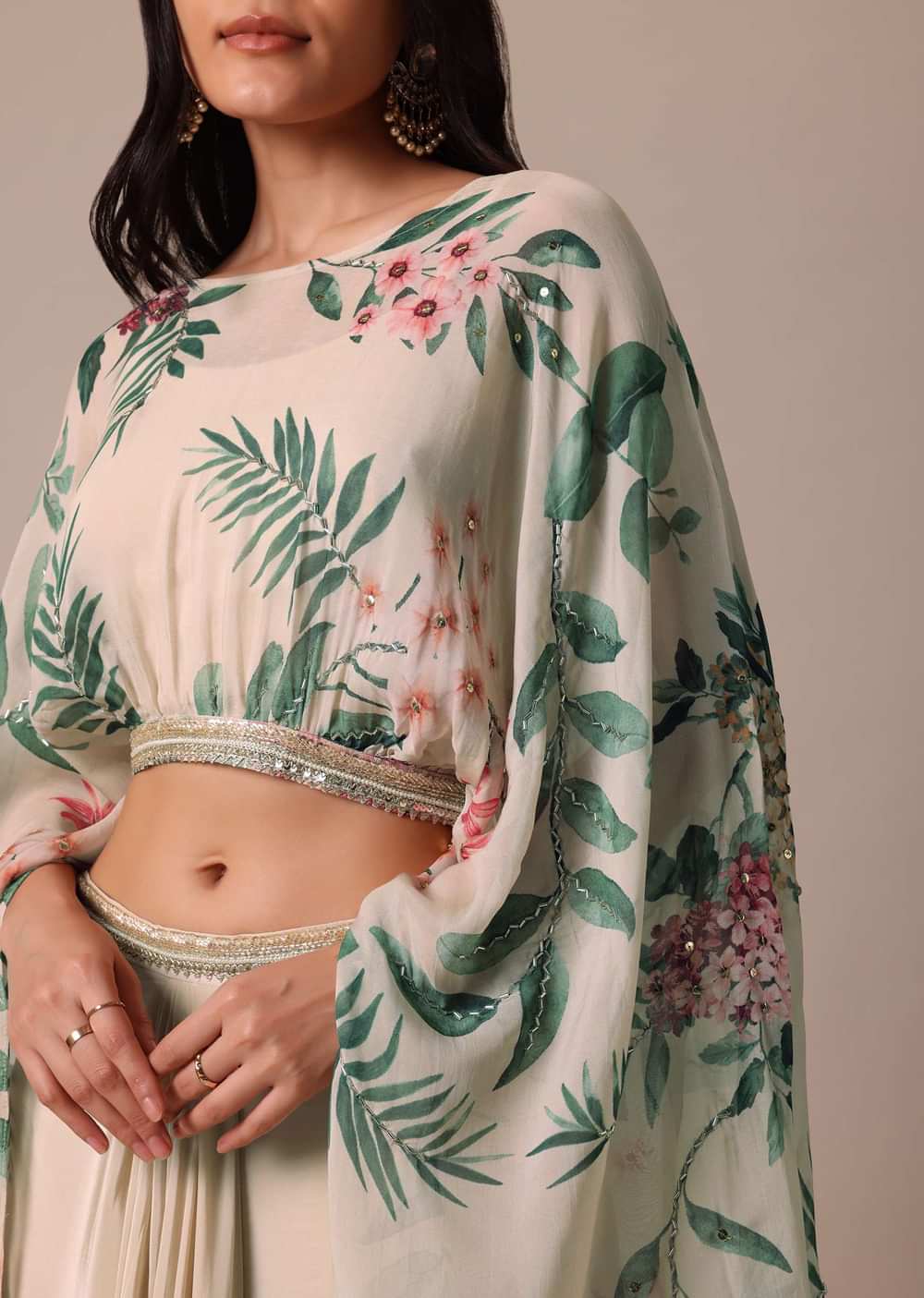 White Floral Print Lehenga Set With Jacket