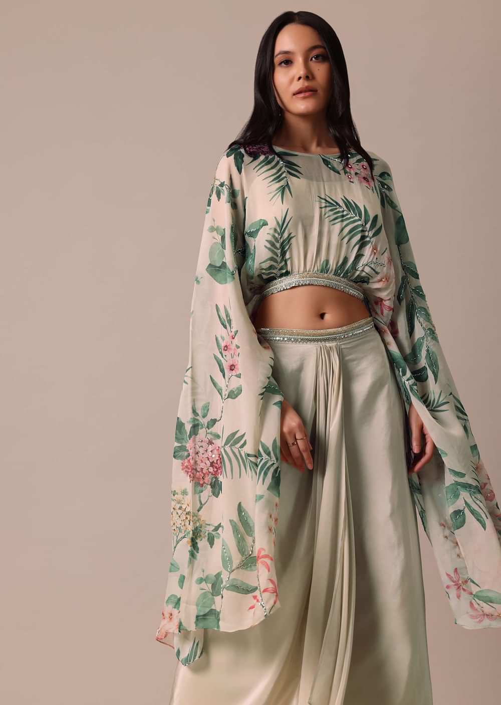 White Floral Print Lehenga Set With Jacket