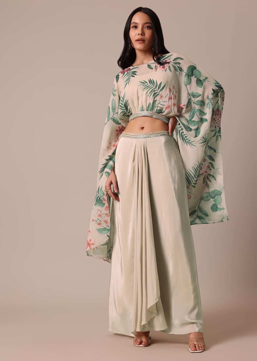 White Floral Print Lehenga Set With Jacket