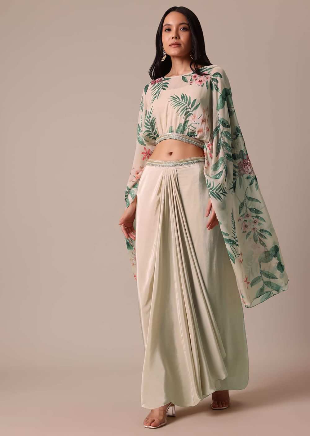 White Floral Print Lehenga Set With Jacket