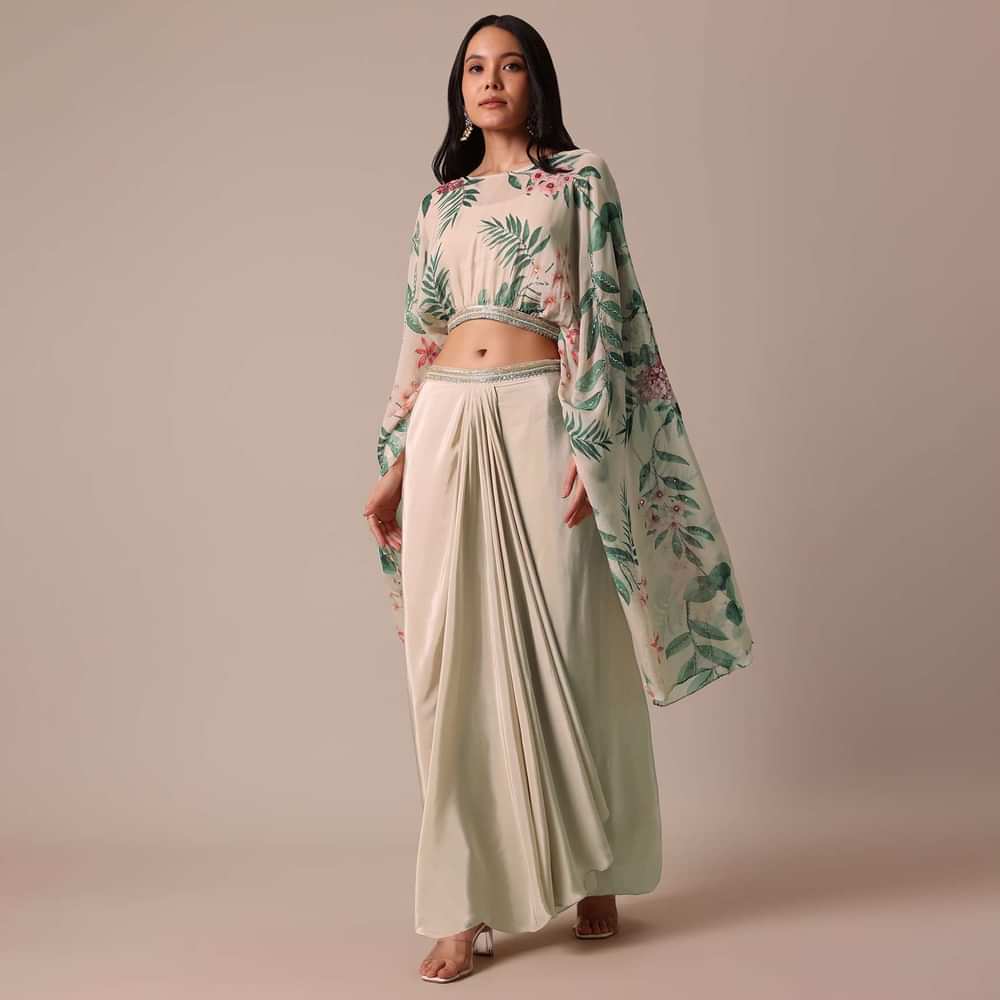 White Floral Print Lehenga Set With Jacket