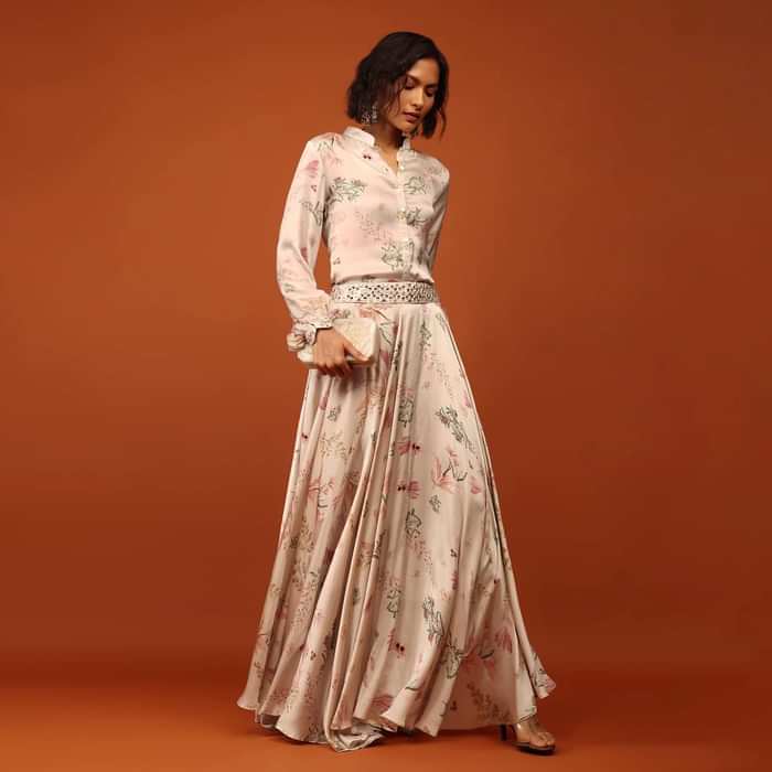 Beige White Floral Print Shirt Top & Lehenga With Mirror Embroidery