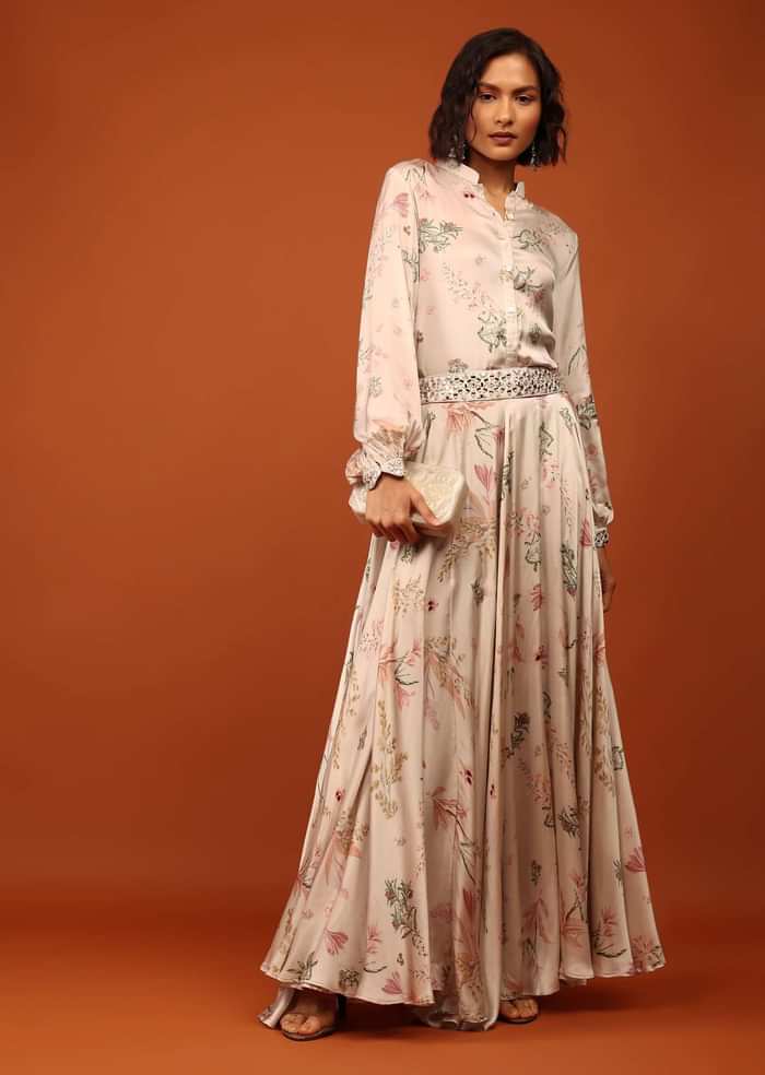 Beige White Floral Print Shirt Top & Lehenga With Mirror Embroidery