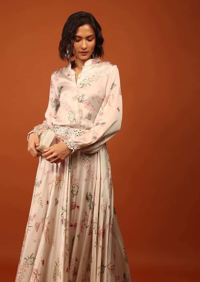 Beige White Floral Print Shirt Top & Lehenga With Mirror Embroidery