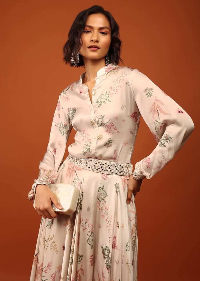 Beige White Floral Print Shirt Top & Lehenga With Mirror Embroidery