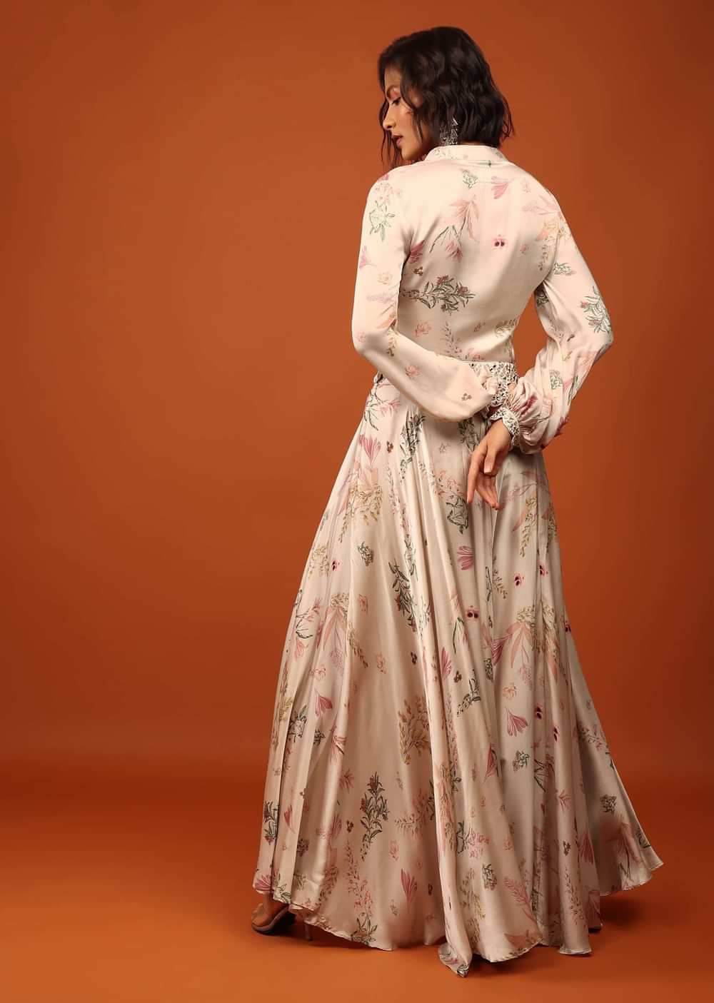 Beige White Floral Print Shirt Top & Lehenga With Mirror Embroidery