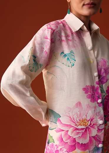 White Floral Printed Sequin Work Cotton Co Ord Set