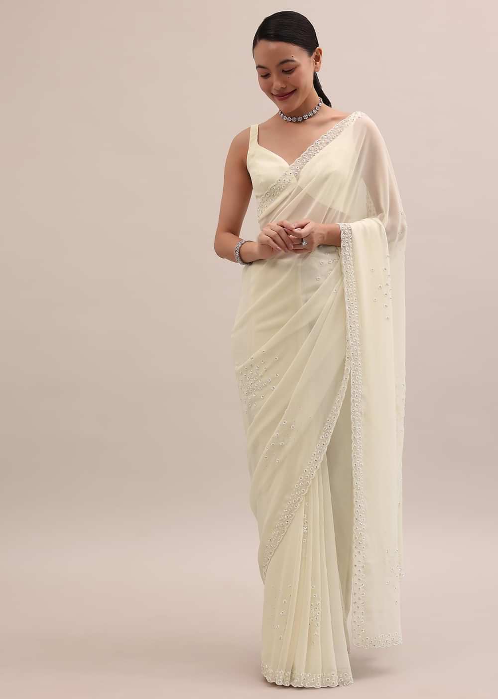 White Georgette Saree In Sequins With Unstitched Blouse