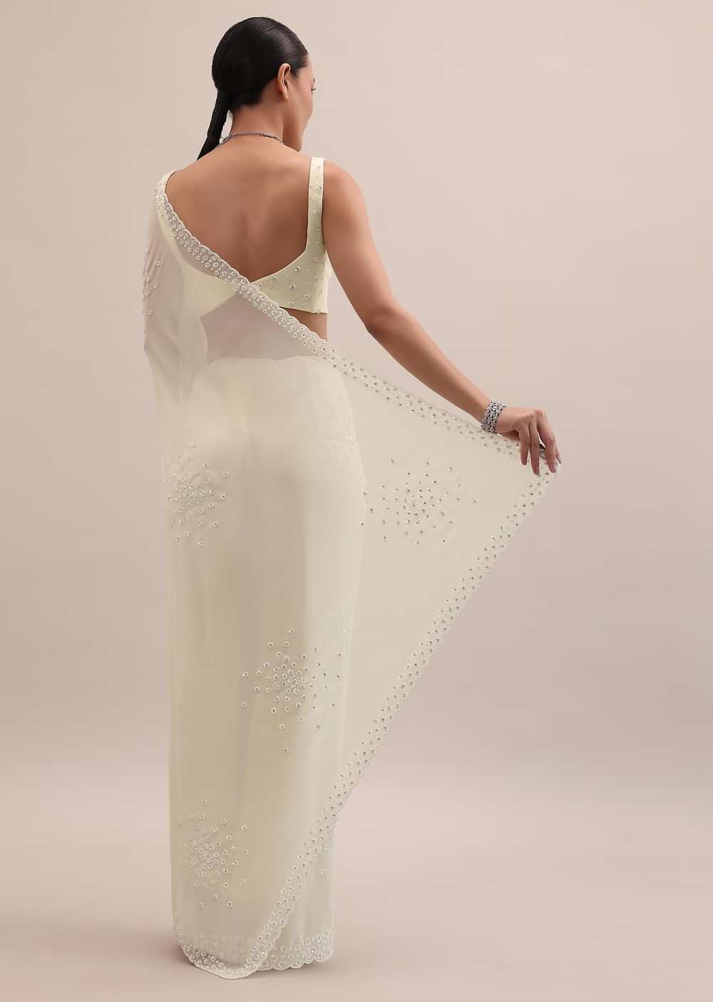 White Georgette Saree In Sequins With Unstitched Blouse