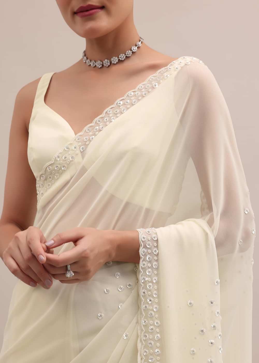 White Georgette Saree In Sequins With Unstitched Blouse