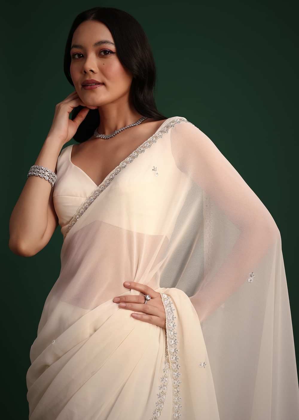 White Georgette Saree With Cutdana Embroidered Saree