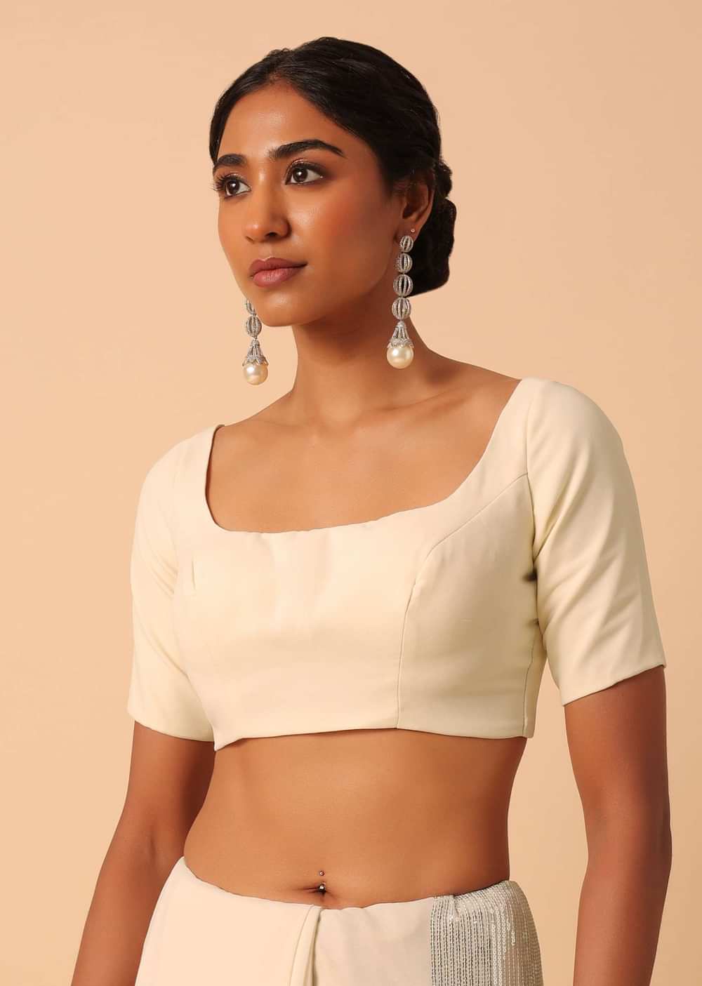 White Georgette Sequin Saree With Unstitched Blouse Piece