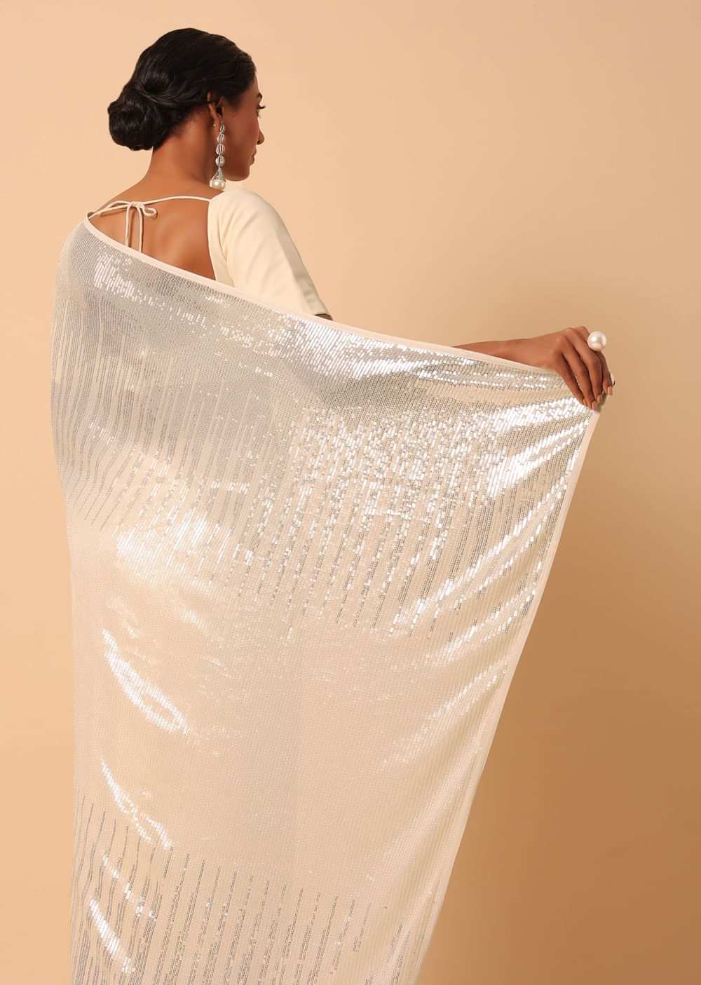 White Georgette Sequin Saree With Unstitched Blouse Piece