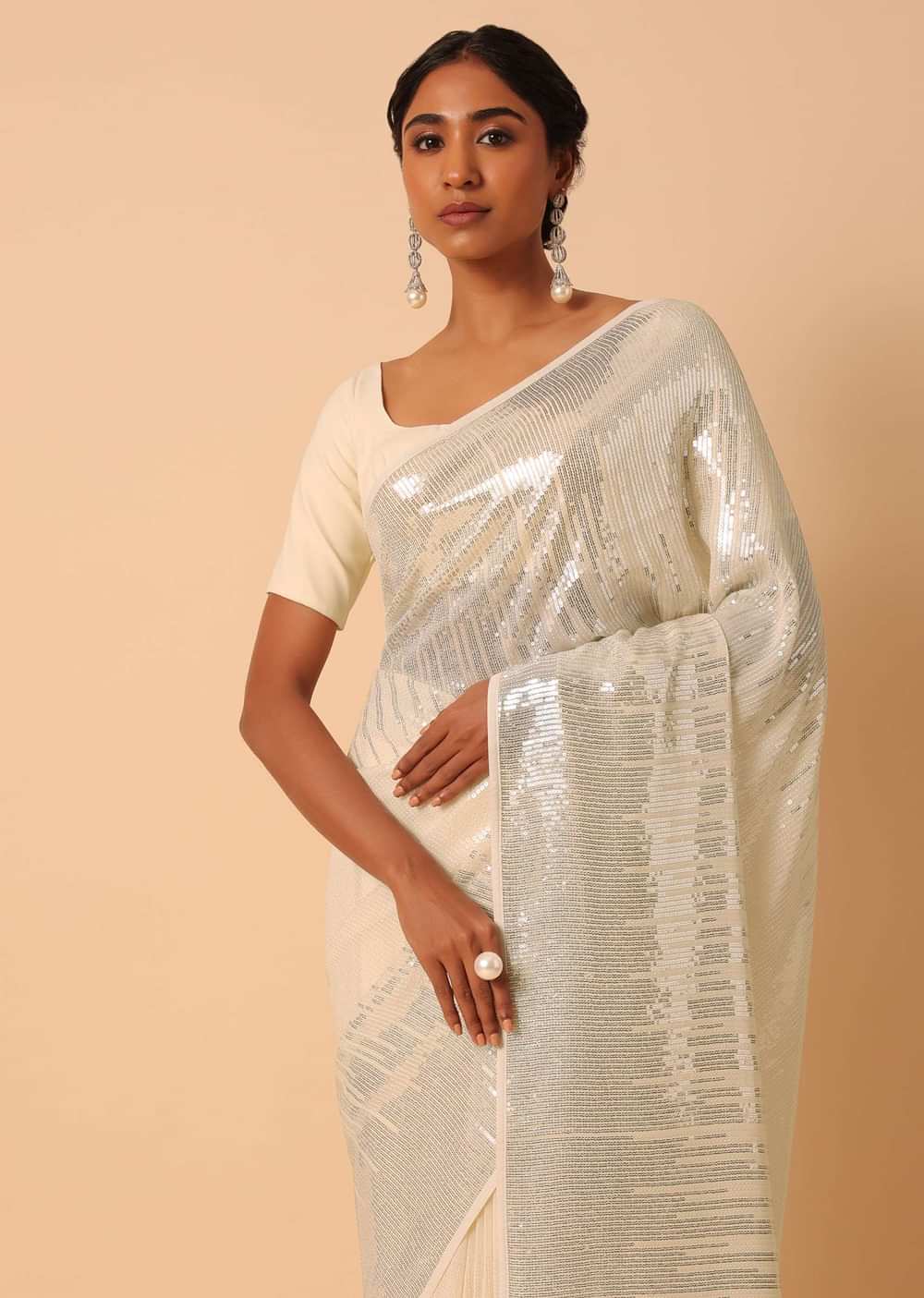 White Georgette Sequin Saree With Unstitched Blouse Piece