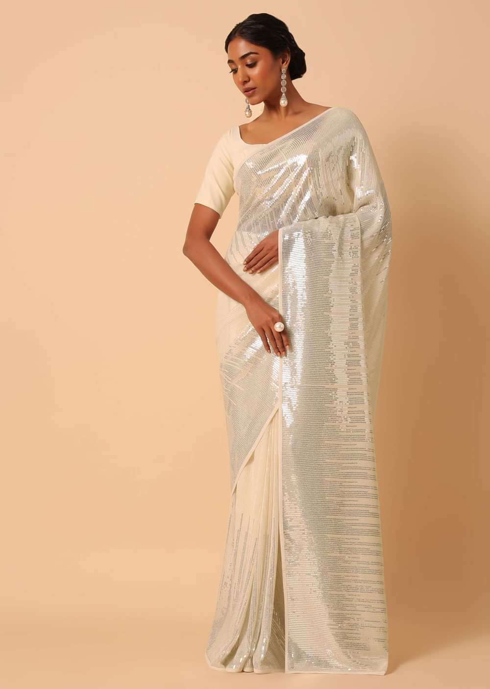 White Georgette Sequin Saree With Unstitched Blouse Piece