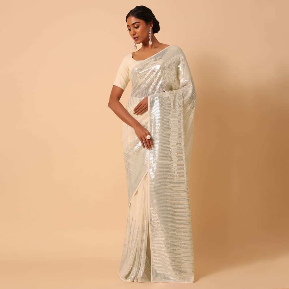 White Georgette Sequin Saree With Unstitched Blouse Piece