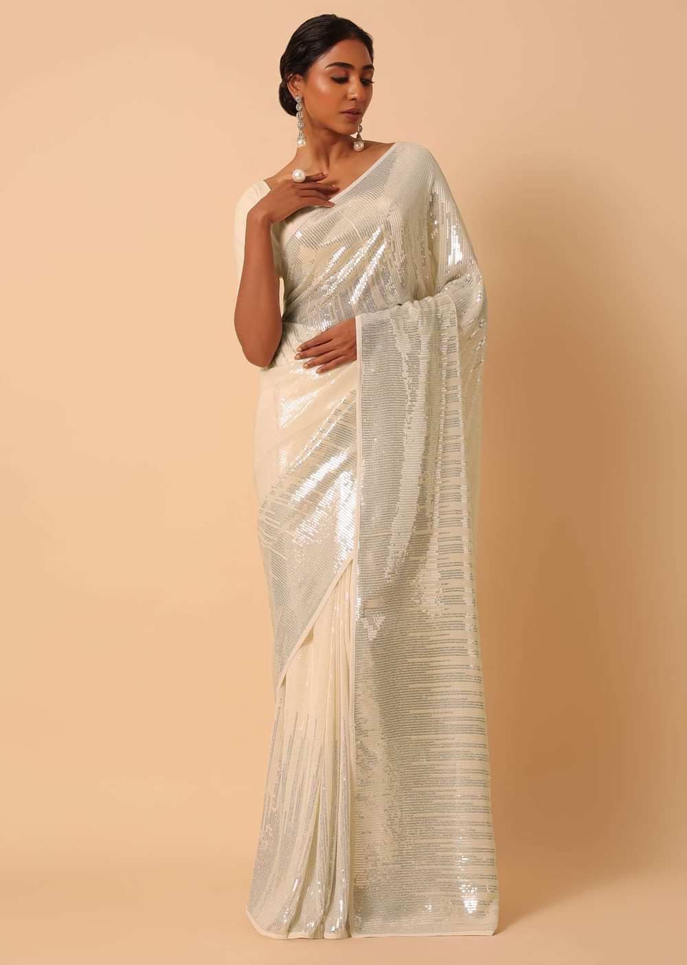 White Georgette Sequin Saree With Unstitched Blouse Piece