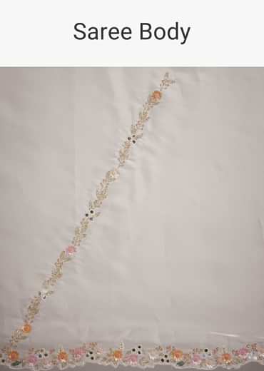 White Glass Tissue Saree With Floral Embroidery