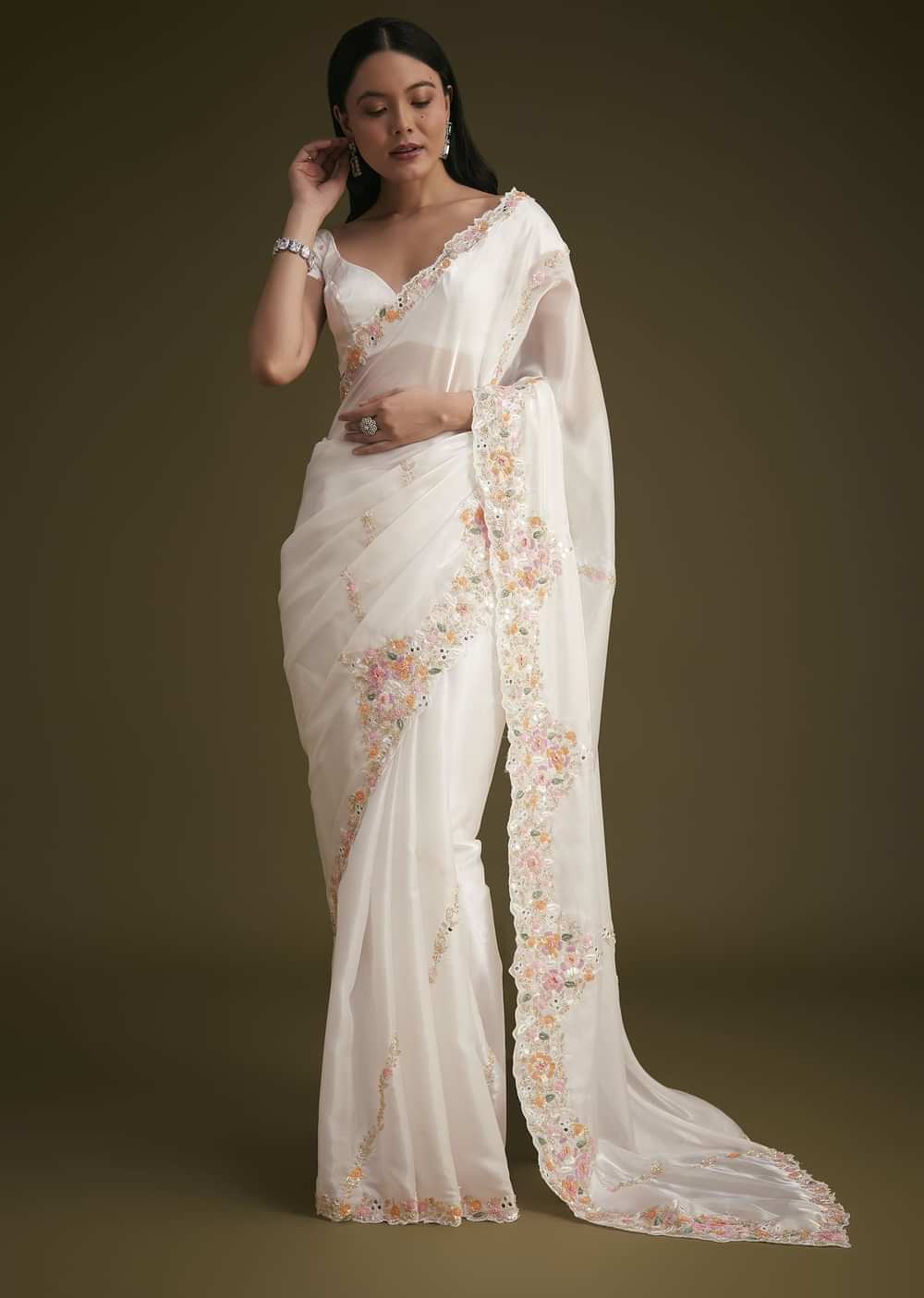 White Glass Tissue Saree With Floral Embroidery