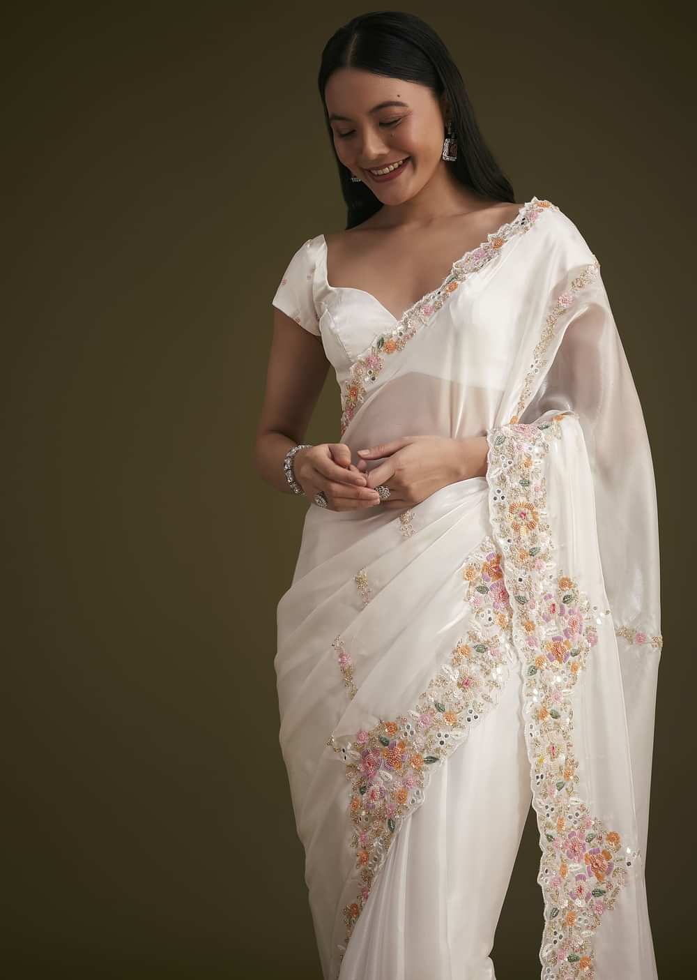 White Glass Tissue Saree With Floral Embroidery