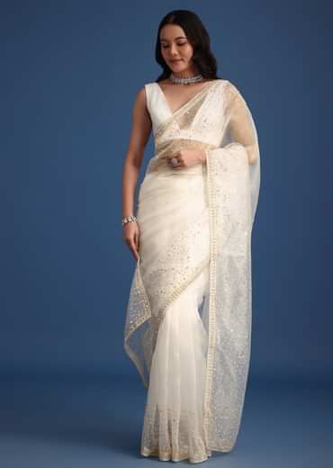 White Glass Tissue Saree With Sequin Embellishments
