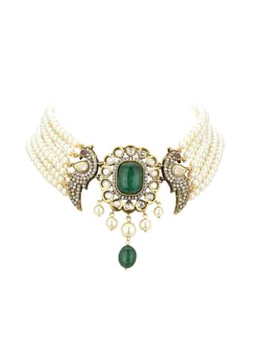 White Gold-Finish Kundan Choker Set With Pearls And Faux Diamonds In Mix Metal