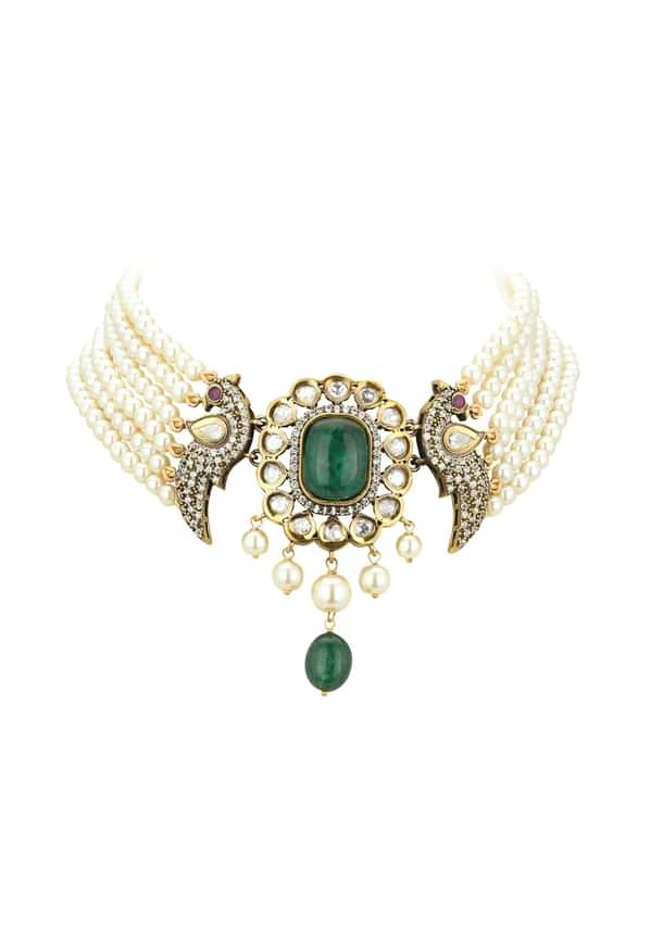 White Gold-Finish Kundan Choker Set With Pearls And Faux Diamonds In Mix Metal
