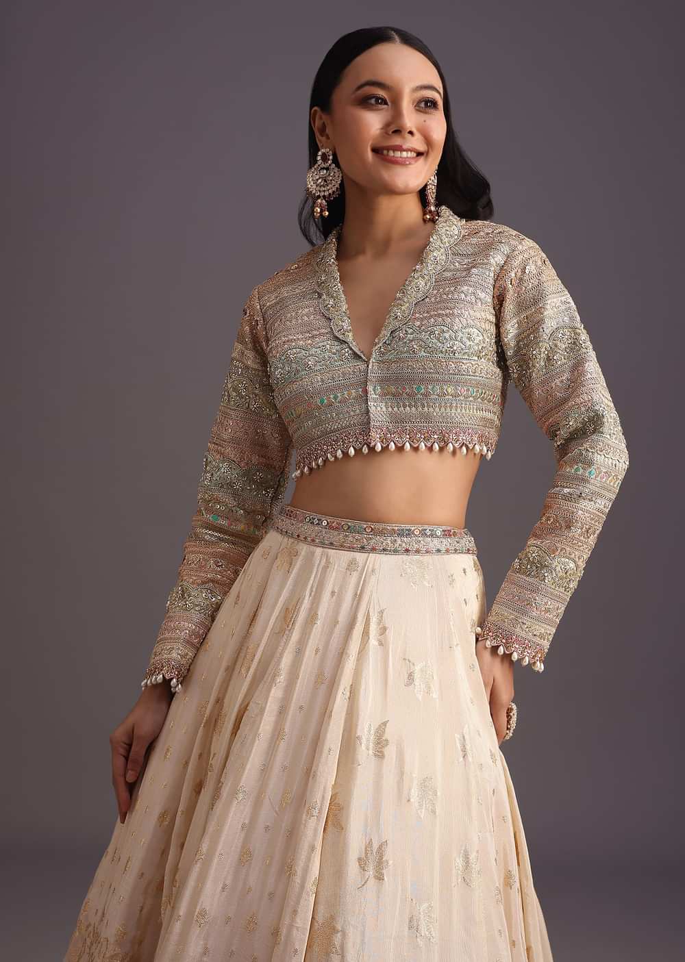 White Gotta Work Choli With Banarasi Weave Lehenga