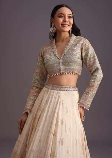White Gotta Work Choli With Banarasi Weave Lehenga