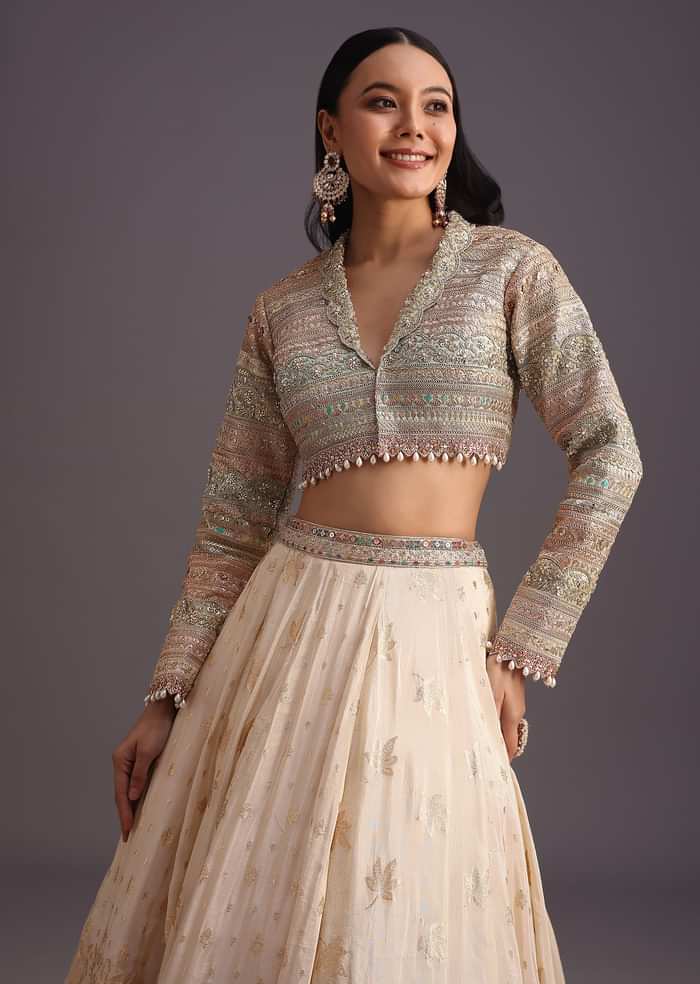White Gotta Work Choli With Banarasi Weave Lehenga