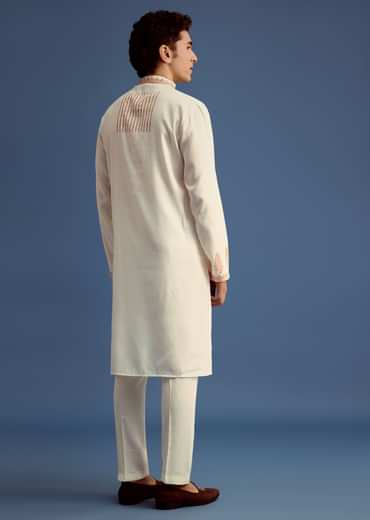 White Hand Block Print Kurta Set With Zari Work