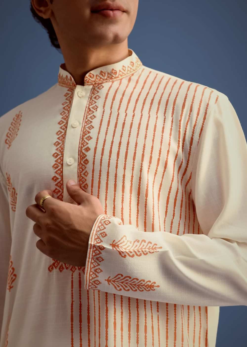 White Hand Block Print Kurta Set With Zari Work