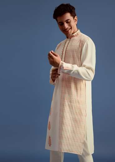 White Hand Block Print Kurta Set With Zari Work