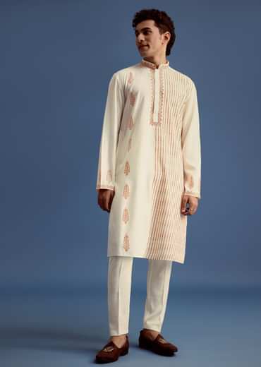 White Hand Block Print Kurta Set With Zari Work