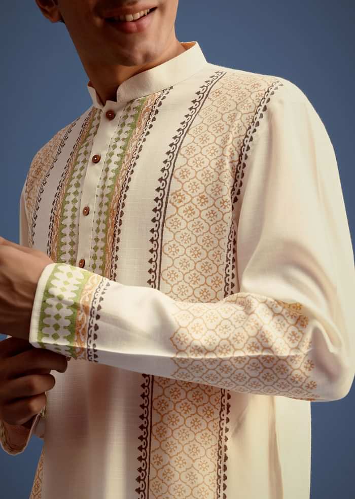 White Hand Block Printed Kurta Set With Zari Embroidery