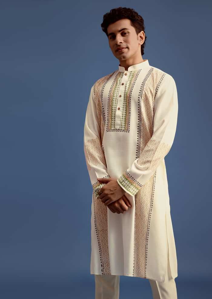 White Hand Block Printed Kurta Set With Zari Embroidery