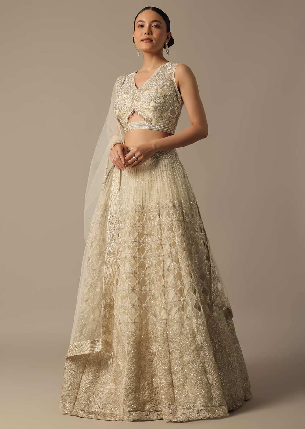 White Hand Embroidered Lehenga Set With Mirror Work