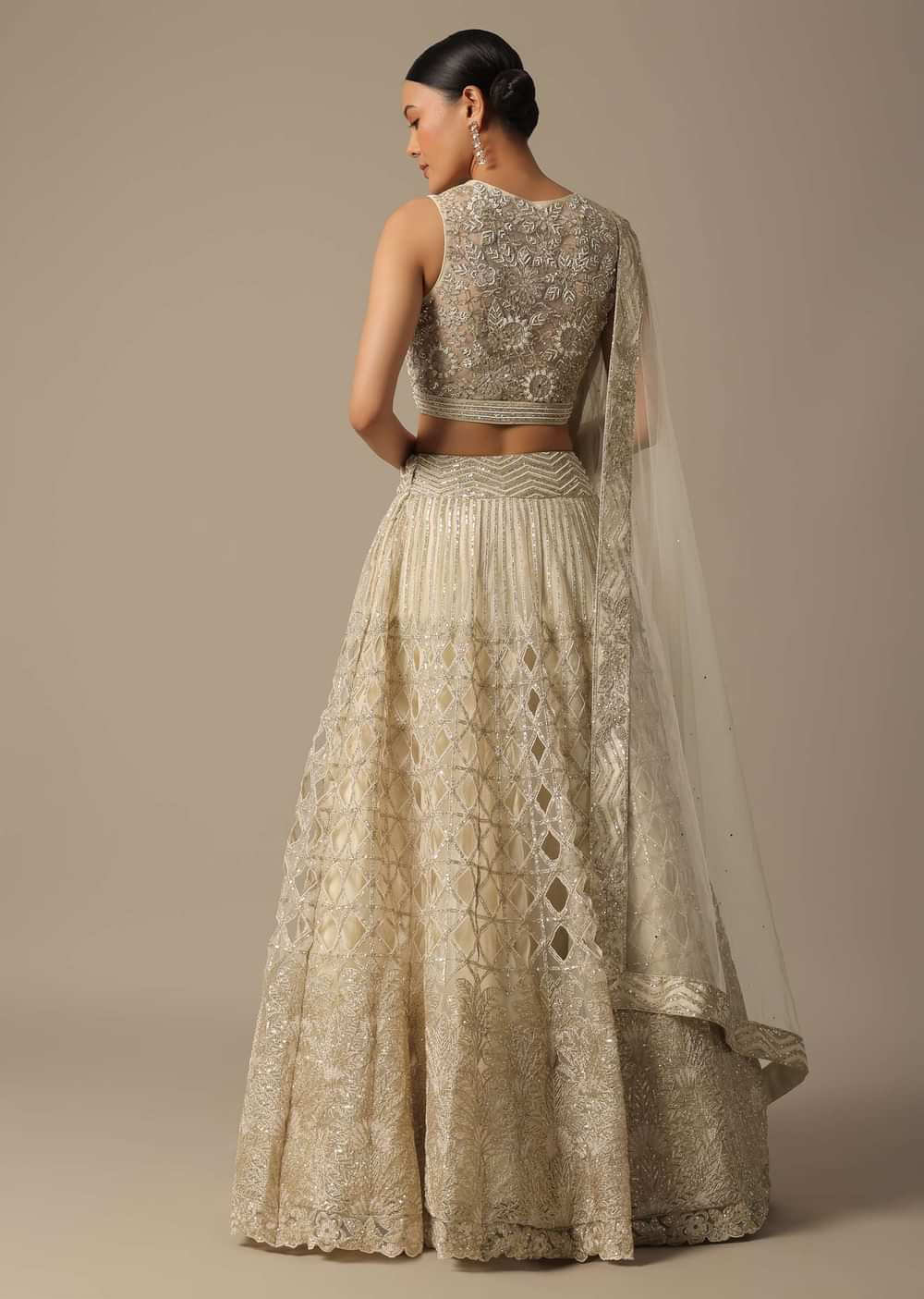 White Hand Embroidered Lehenga Set With Mirror Work