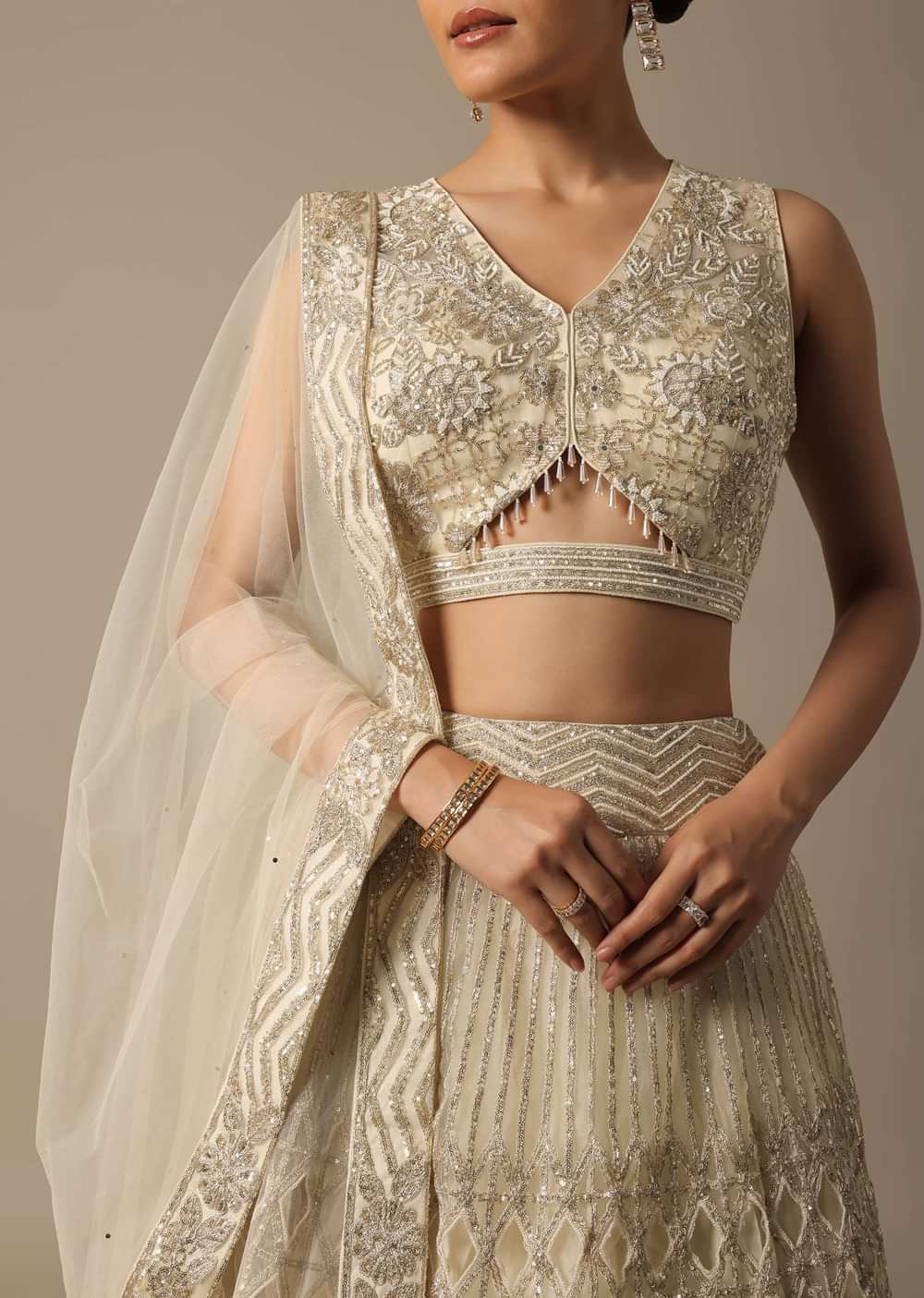 White Hand Embroidered Lehenga Set With Mirror Work