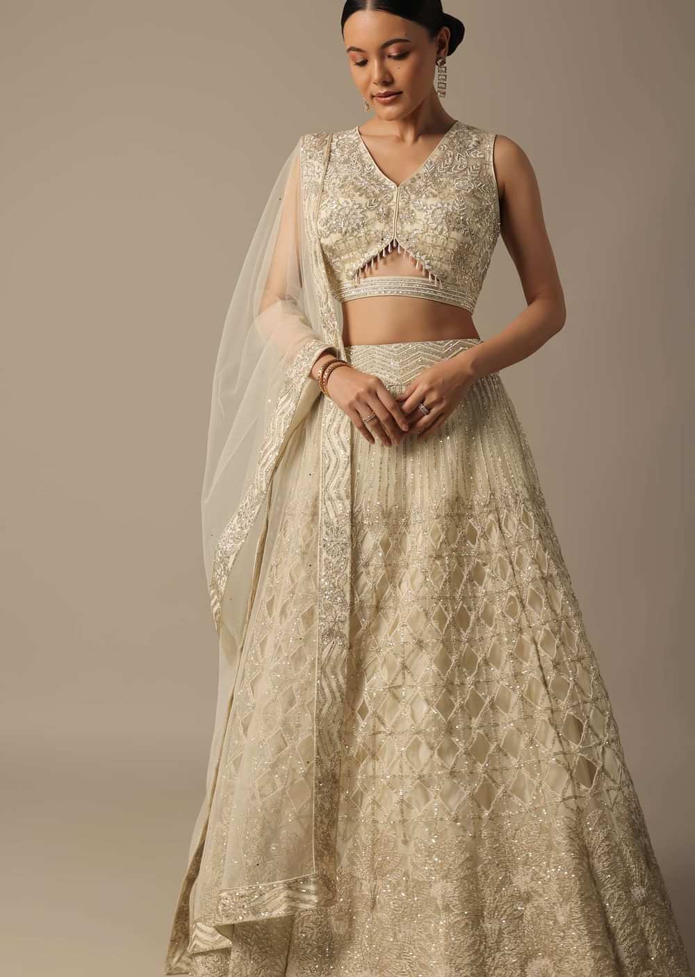 White Hand Embroidered Lehenga Set With Mirror Work