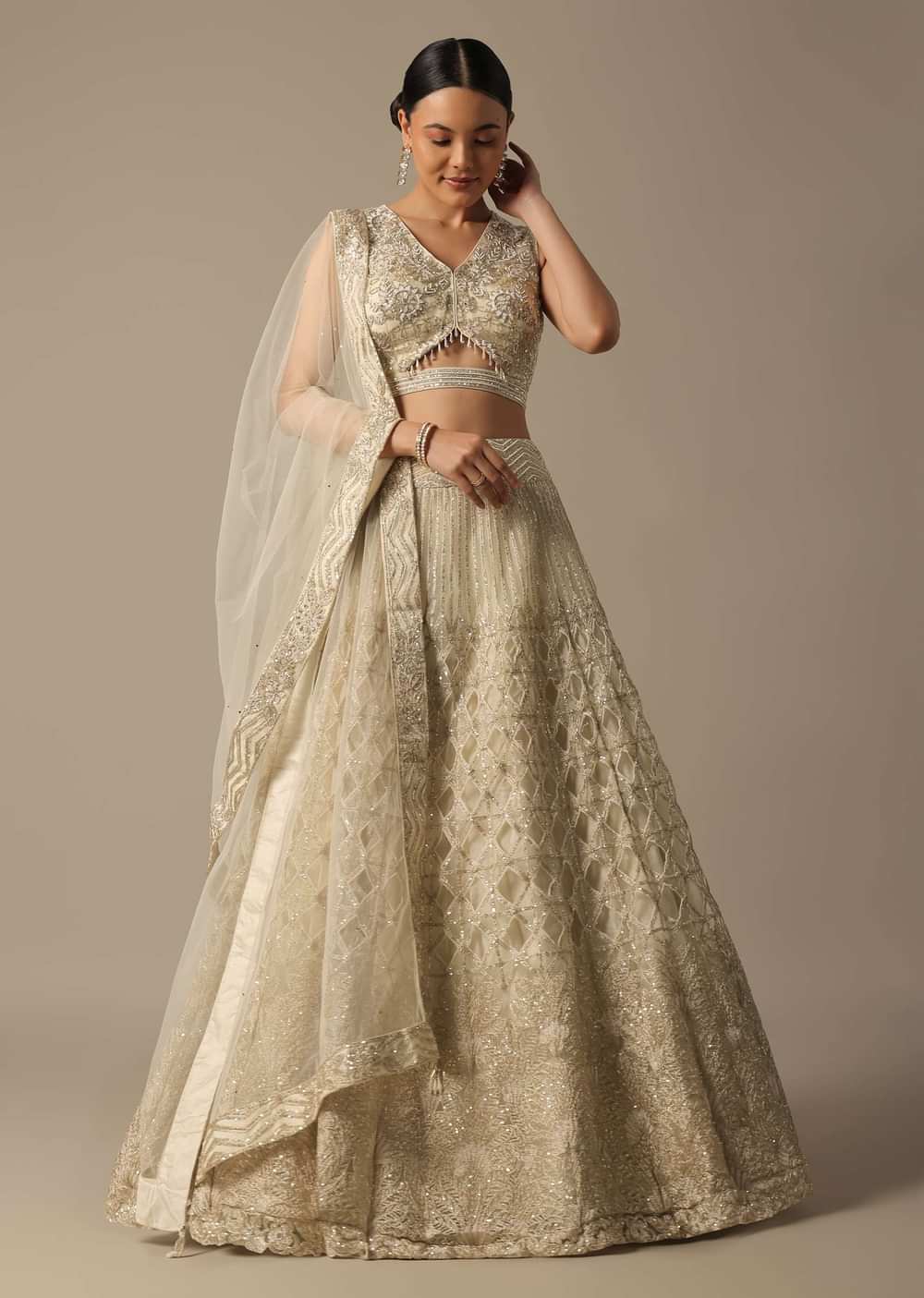 White Hand Embroidered Lehenga Set With Mirror Work