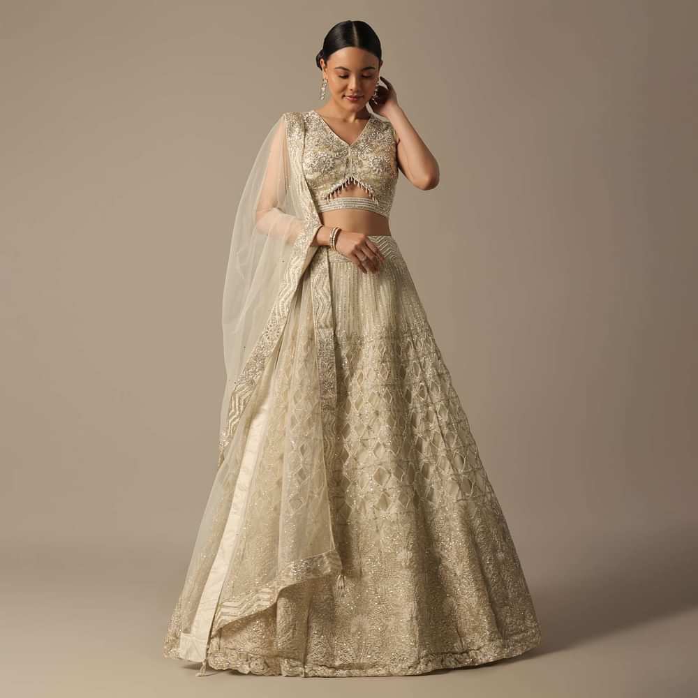 White Hand Embroidered Lehenga Set With Mirror Work