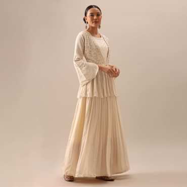 Off White Indo Fusion Lucknowi Anarkali With Jacket