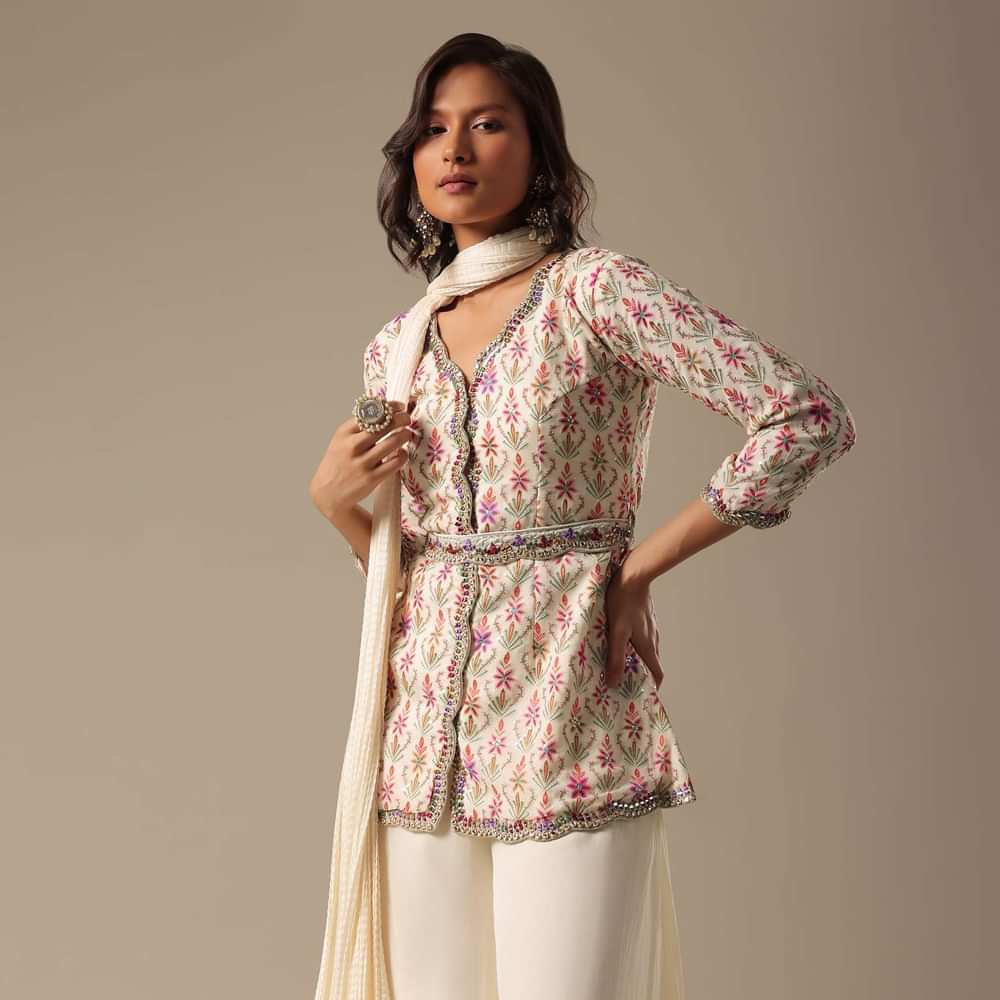 White Indo Fusion Palazzo Set With Peplum Top