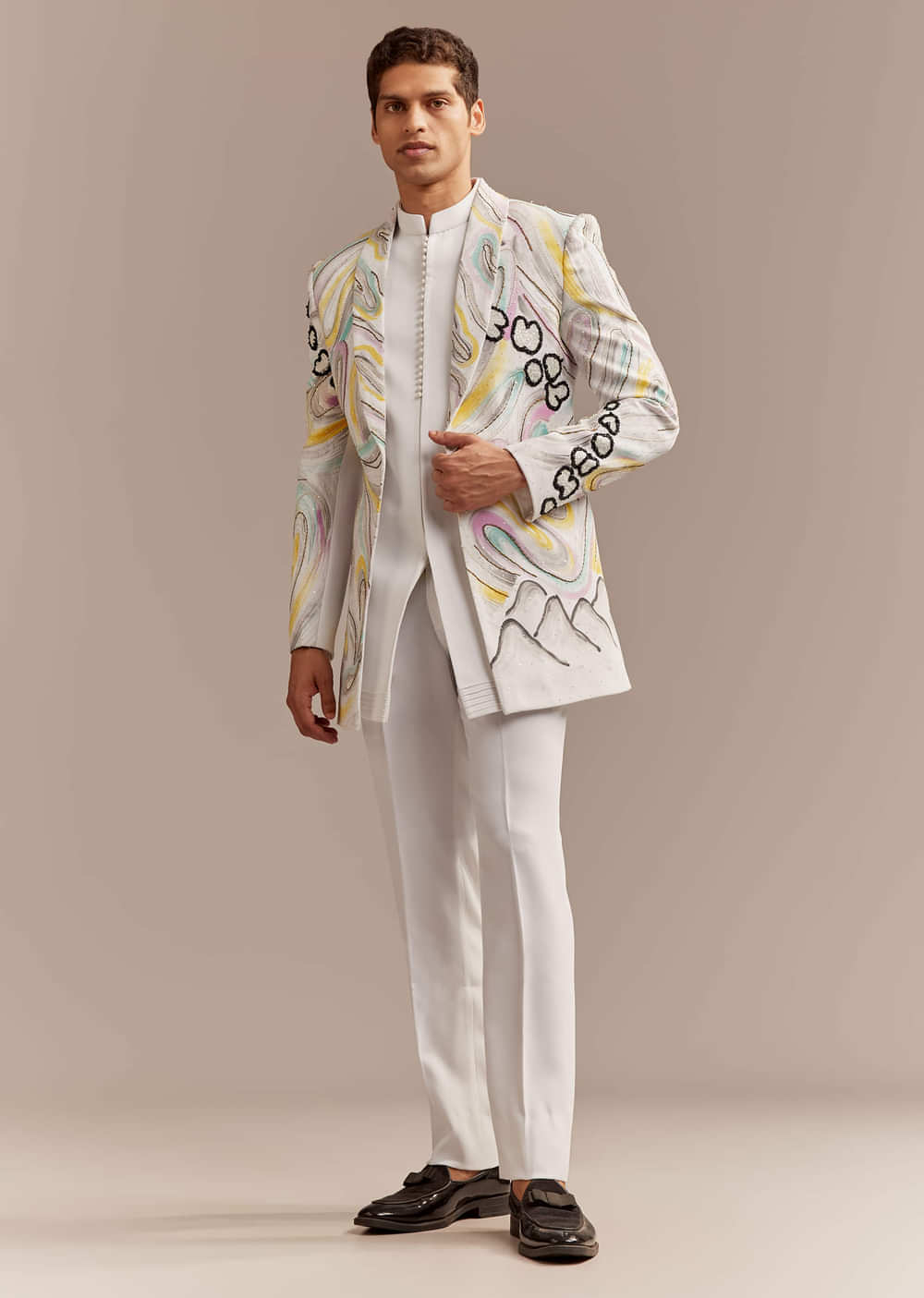 White Indo Western Set For Men With Hand Painted Work