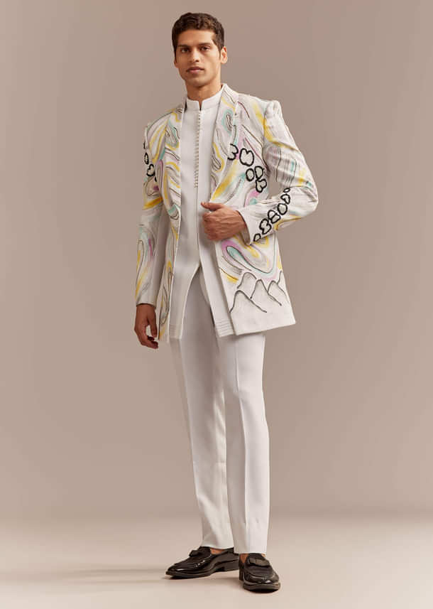 White Indo Western Set For Men With Hand Painted Work White Indo Western Set For Men With Hand Painted Work