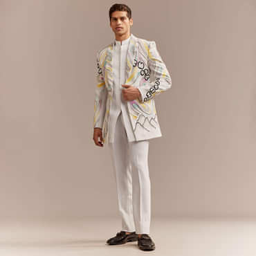 White Indo Western Set For Men With Hand Painted Work